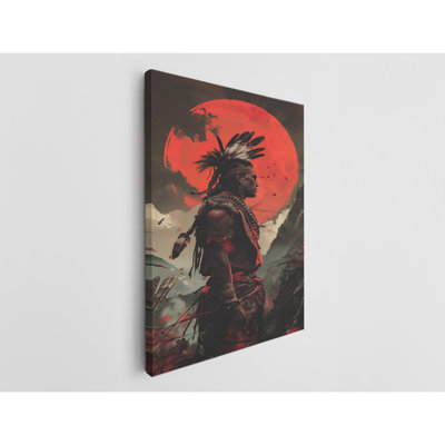 «Native American Man with Red Moon», impression sur toile murale moderne pour la maison et le bureau