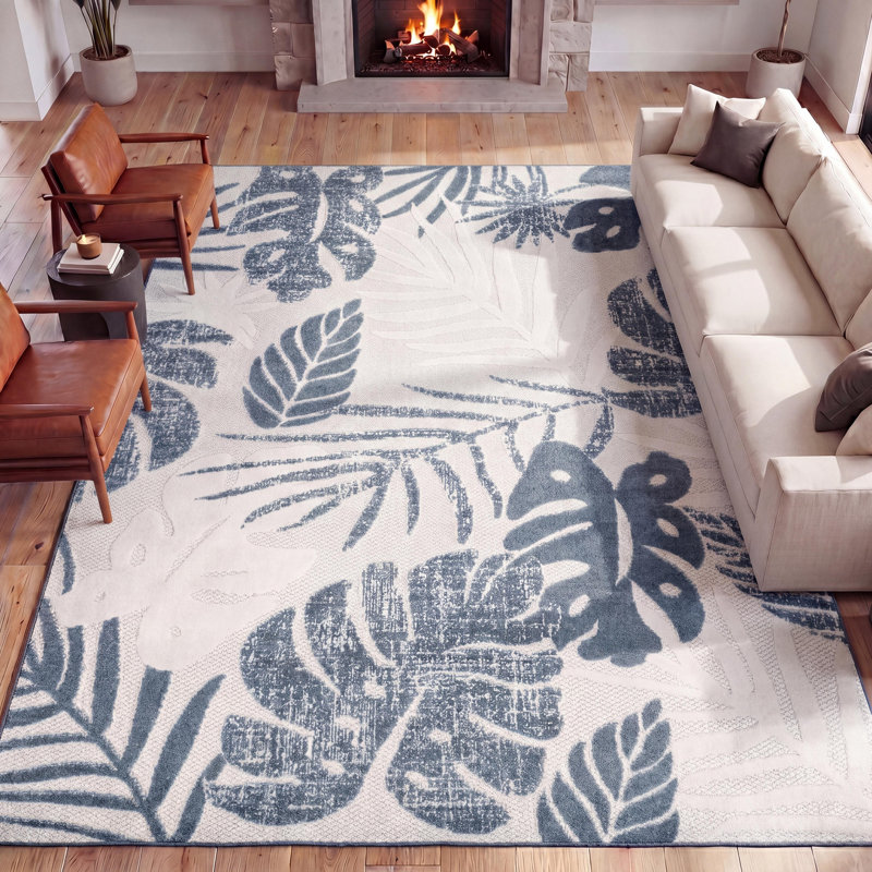 Tapis d'intérieur / extérieur Monstera, Cream/Dark Blue, Rectangle 7 pi 9 po x 10 pi
