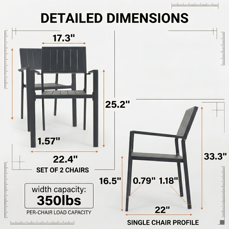 Chaises 2 pièces en métal noir avec conception à lattes ergonomiques et respirantes pour l'intérieur et l'extérieur