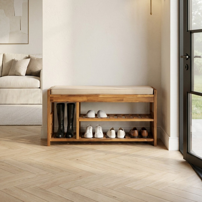 Banc de rangement pour chaussures en bois massif avec coussin, Clair naturel