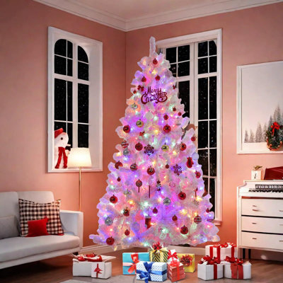 6Ft Pink Pre-Lit Christmas Tree, Snow Flocked Artificial Xmas Tree With 250 Multi Color LED Lights