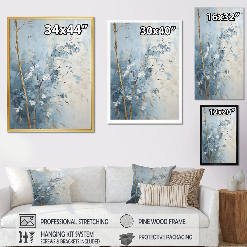 Reproduction d'art sur toile de bambou bleu et blanc Zen Moment_106592, H 32 po x l 16 po x P 1 po, Cadre flottant blanc