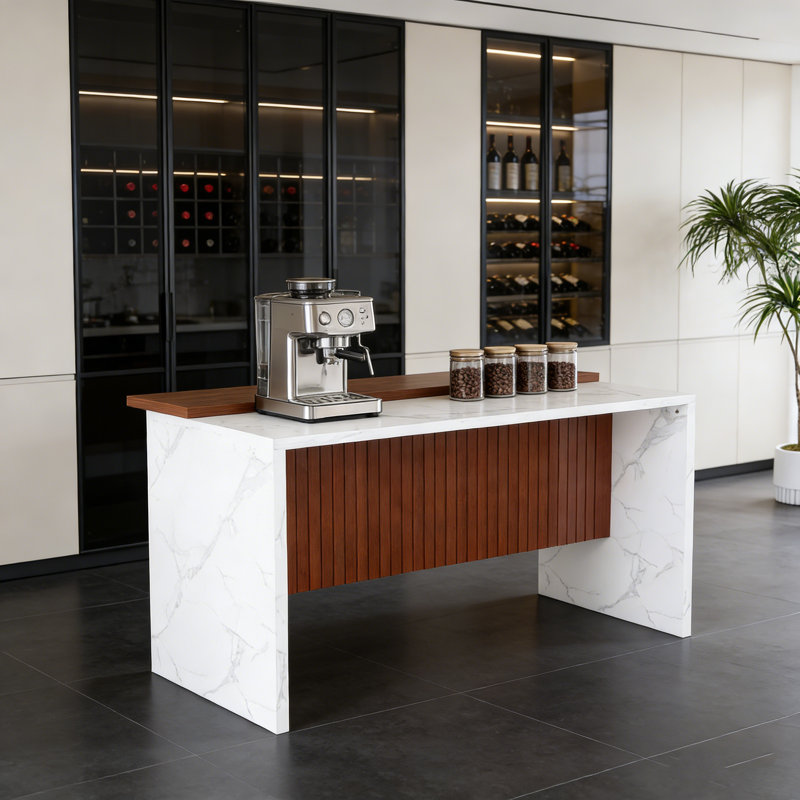 63-Inch Modern Kitchen Island with Marble-Look Surface, LED Lighting, and Grille Design for Versatile Use., White