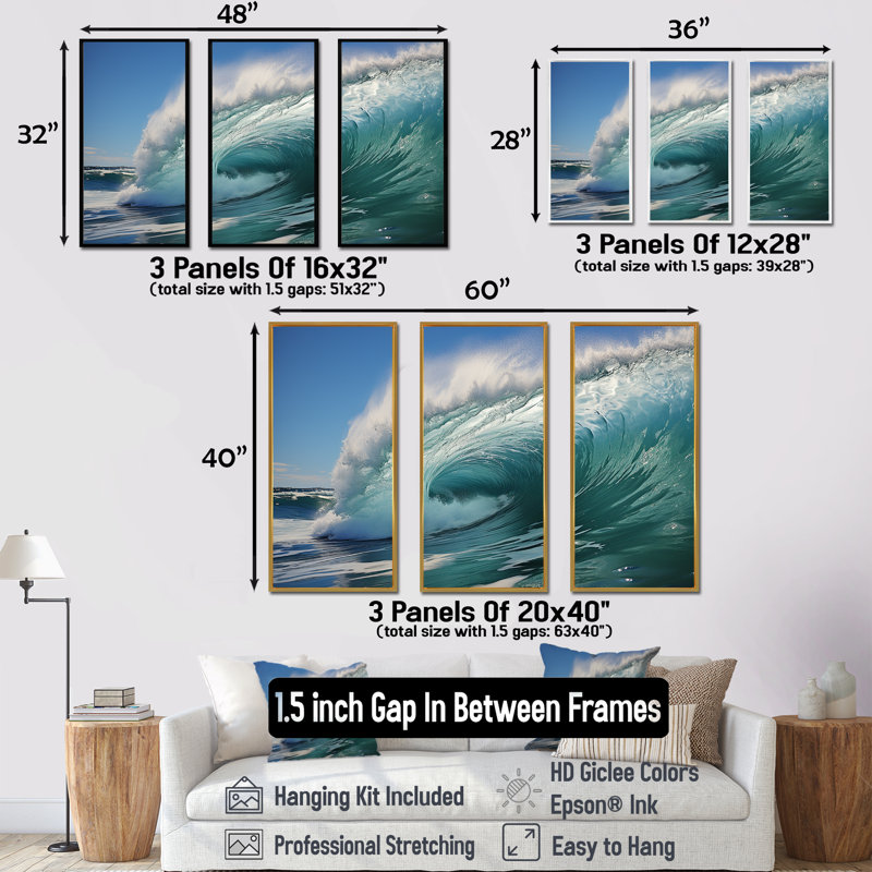 «Turquoise Ocean's Force Unleashed», ensemble d'art mural sur toile côtière, Cadre naturel flottant