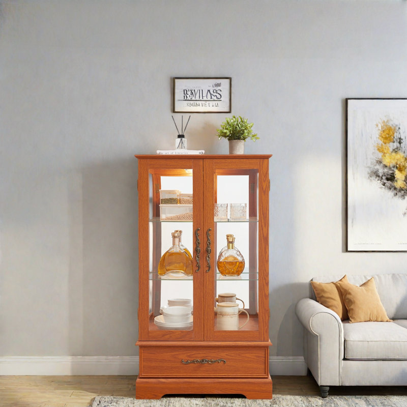 Lighted Glass Curio Display Cabinet With Adjustable Shelves, 1 Drawer And Led Light