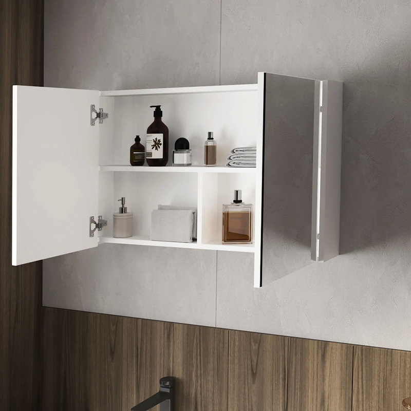 Armoire à pharmacie blanche avec 2 portes et miroirs, 3 tablettes internes pour le rangement de la salle de bain, portes à miroir Brilliance, style élégant