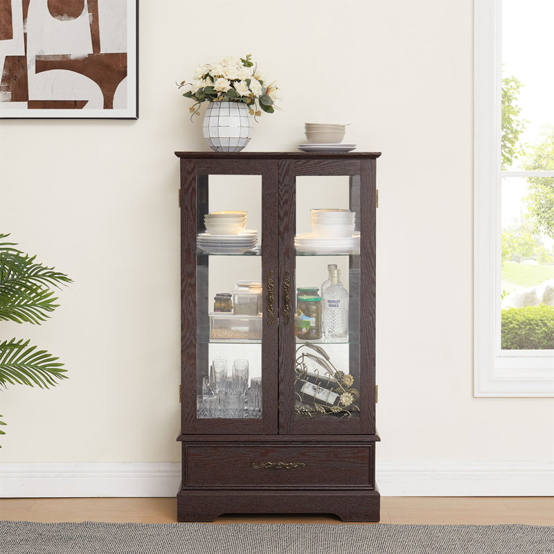 Elegant Lighted Glass Curio Display Cabinet With Adjustable Shelves, 2 Doors, 1 Drawer And Bulb, Cherry, Gray/Espresso