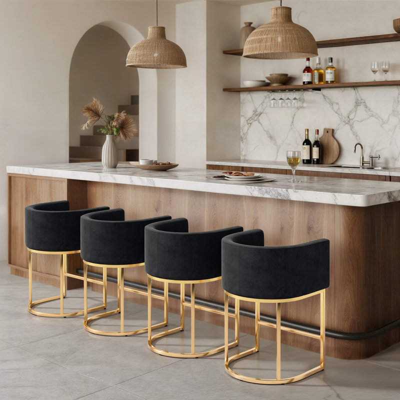 Counter Height Bar Stools, Modern Barrel Counter Stools Upholstered Accent Barstools With Footrest, Black