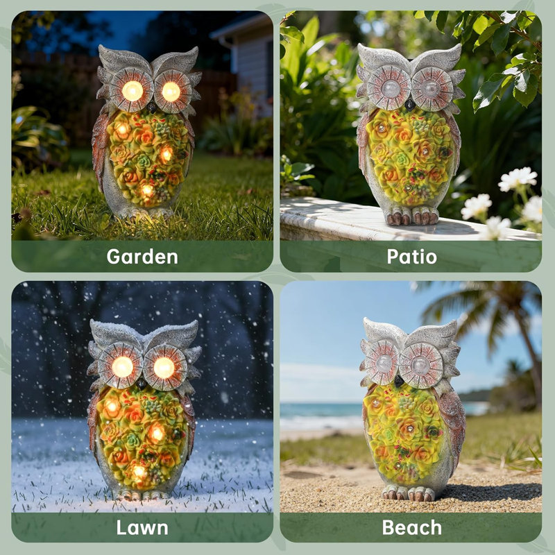 Statues de jardin solaire hibou décor extérieur, décorations de figurine hibou en résine avec lumière solaire