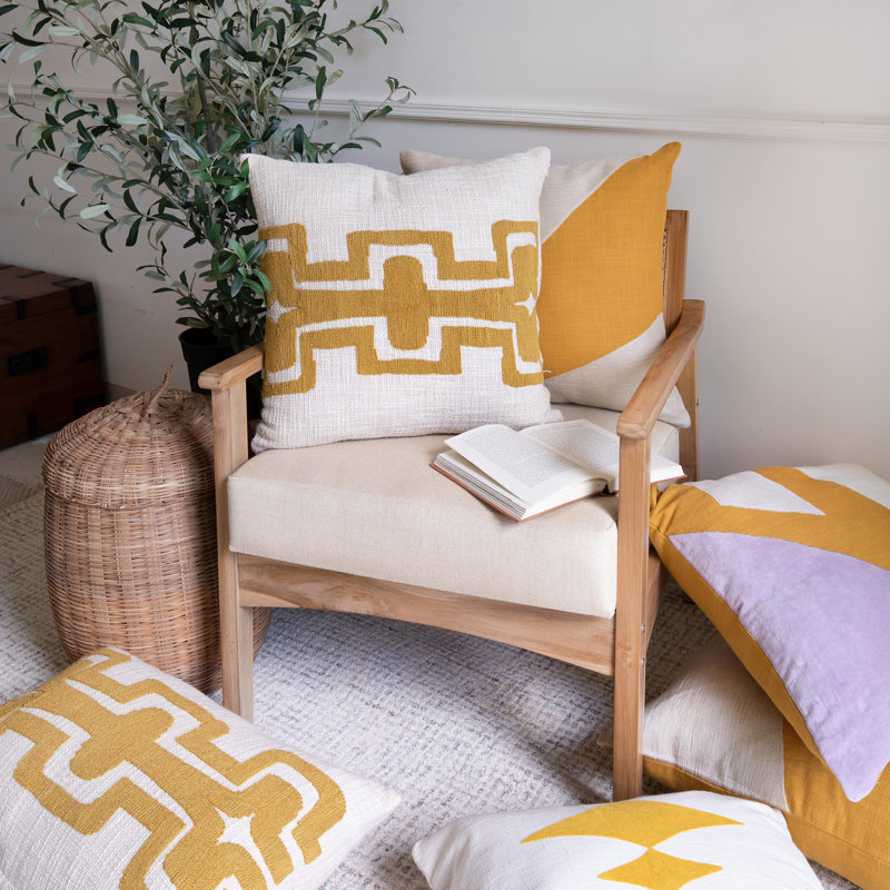 Ochre Yellow and White Geometric Stripe Cotton Pillow, 20x20