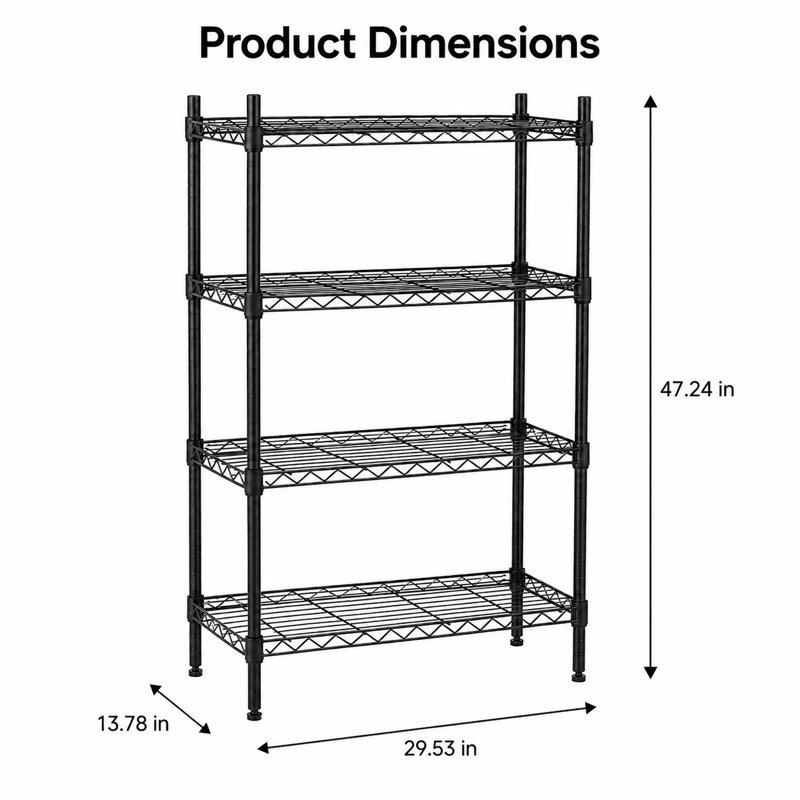 Étagère de rangement réglable en métal à 4 niveaux - Étagères grillagées robustes pour la cuisine, la salle de bain, le garage, la buanderie, le garde-manger - Acier noir résistant à la rouille, dossier ouvert, assemblage sans outil