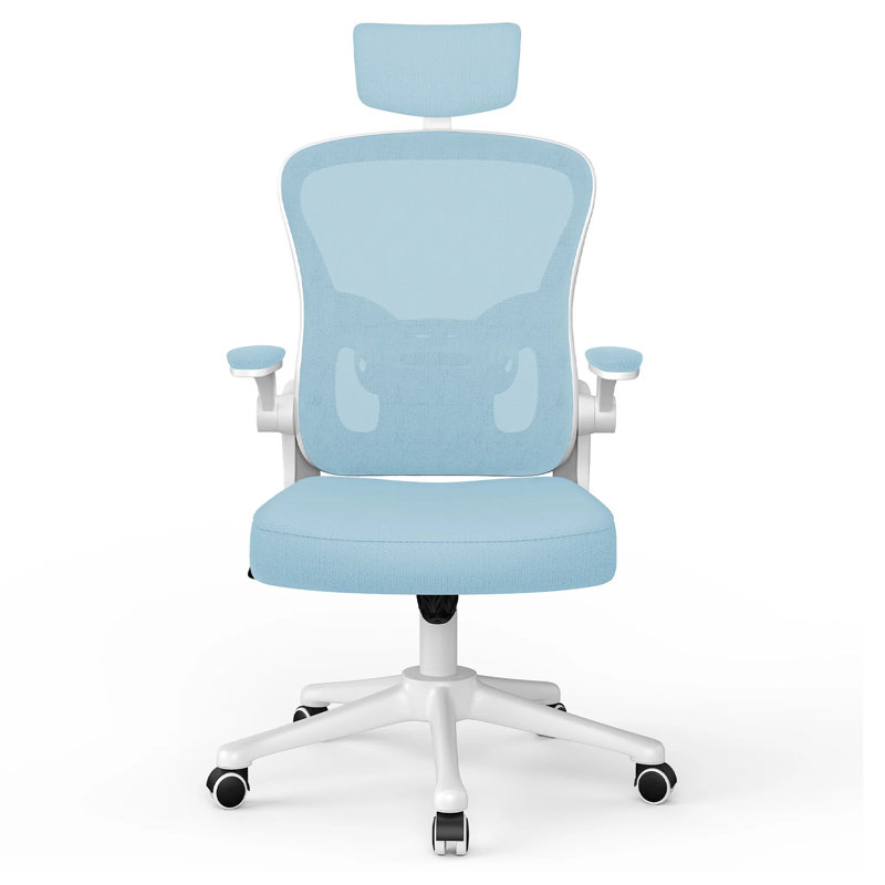 Mesh Office Chair with Headrest, White/Blue
