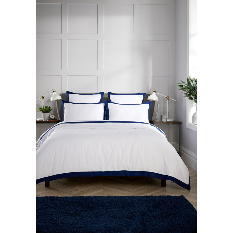 400TC Banded Collection Cotton Solid Colour Duvet Cover Set, Kingsize Duvet Cover + 2 Standard Pillowcases, Navy