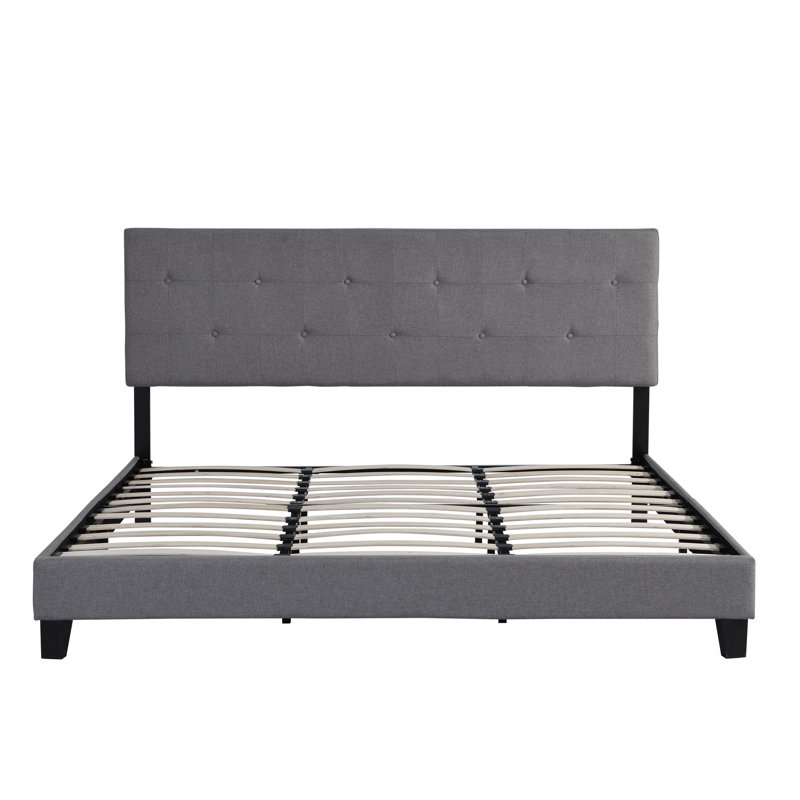 King Size Platform Bed, Upholstered With Grey Linen Fabric Headboard, Button , No Box Spring Needed, Wood Slat Support, Easy Assembly Benefit Procedure