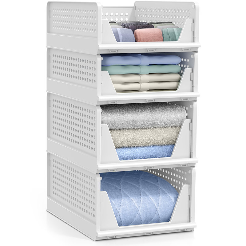 Sorbus 4 Pack Folding Shelf Organizer - Stackable Closet Shelf Organizer Baskets for Clothes, Closet, Bathroom, Kitchen, Garage - Easy Access Open Front Design Under Shelf Organizer, Small/Medium