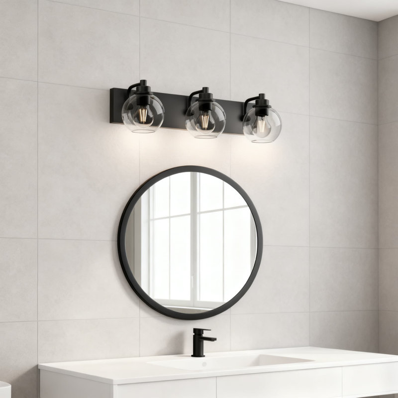 Luminaire de salle de bain 3 lumières avec miroir mural noir mat et abat-jour en verre transparent pour meuble-lavabo