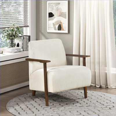 Chaise de salon en bois massif beige avec accoudoirs à finition brune moderne pour coussins de siège attachés à l'espace principal