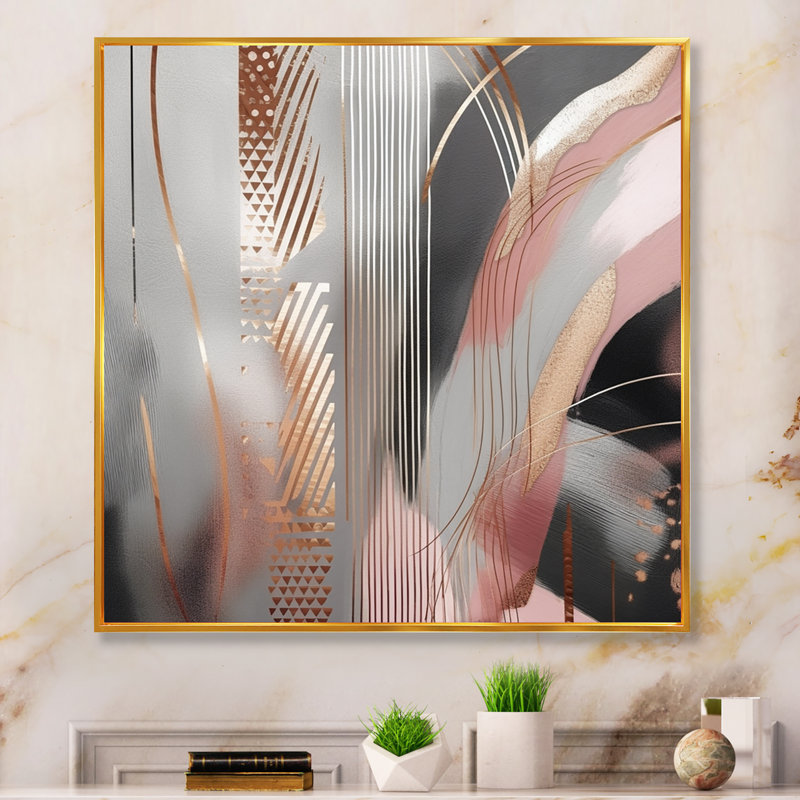 «Pink Rosegold Circle Complexity I - Abstract Modern Shapes», art mural transitionnel, L 24 po x H 24 po, Cadre flottant doré