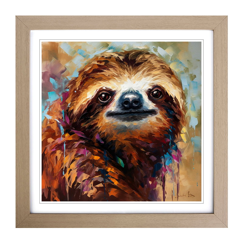 Sloth Palette Knife Painting - Single Picture Frame Print on Wood, Oak