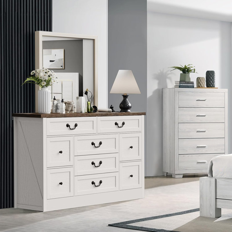 Meuble télé avec 9 tiroirs, grande armoire de rangement, commode longue avec prise de courant, commode large pour chambre à coucher, salon