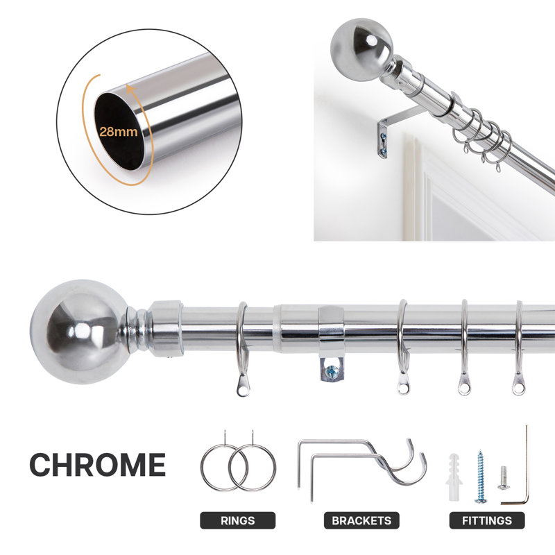 Heavy-Duty Adjustable Curtain Pole with Finials, Chrome, 120-210cm