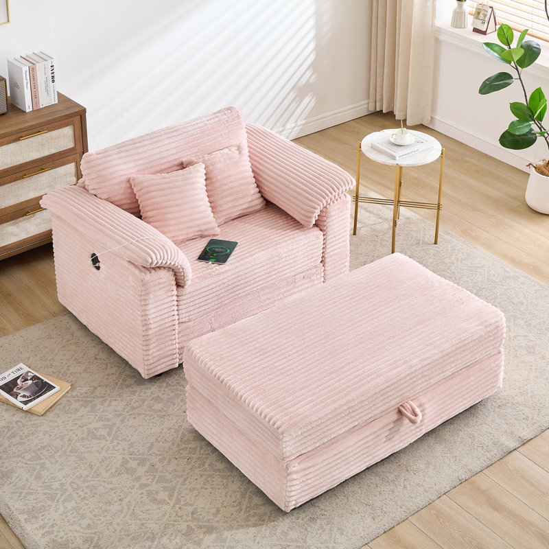 Fauteuil simple 47 po avec accoudoirs en velours côtelé avec rangement et repose-pieds USB, Rose