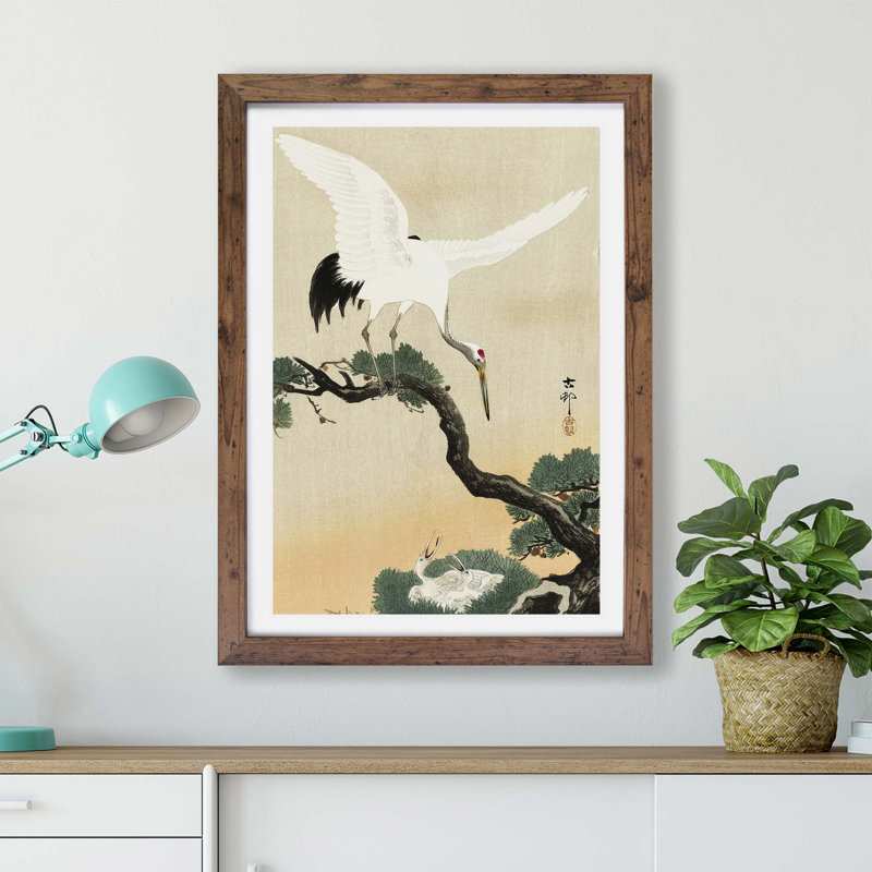 Japanese Crane Birds by Ohara Koson - Single Picture Frame Painting, 45cm H x 63cm W x 2cm D, Walnut