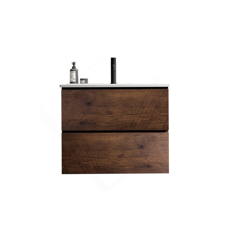 Meuble-lavabo mural en noyer de 24 po avec lavabo en céramique avec un trou de robinet, grand meuble-lavabo flottant de rangement pour salle de bain moderne, lavabo une pièce sans drain et robinet, pré-assemblé
