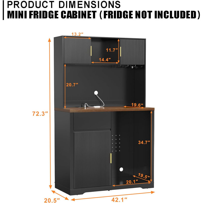  72" Tall Bar Cabinet with Fridge Space, Fluted Coffee Liquor Hutch Cabinet with Storage, Tall Home Bar with LED Light & Power Outlet for Kitchen Dining Room or Living Area