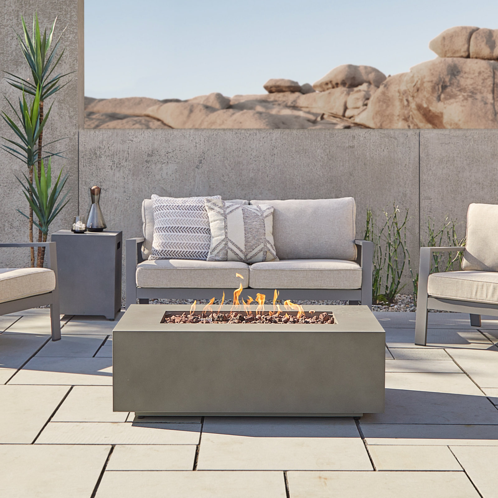 Aegean Fire Pit Table, Mist Gray, 14.5" H x 41.75" W x 26" D