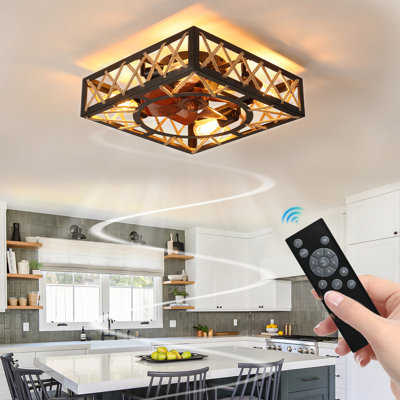 Farmhouse Rustic Ceiling Fan And Remote Control,Square Caged Industrial Ceiling Fixture With 6 Speeds & Noiseless Dc Motor For Kitchen Dining Room Living Room Bedroom