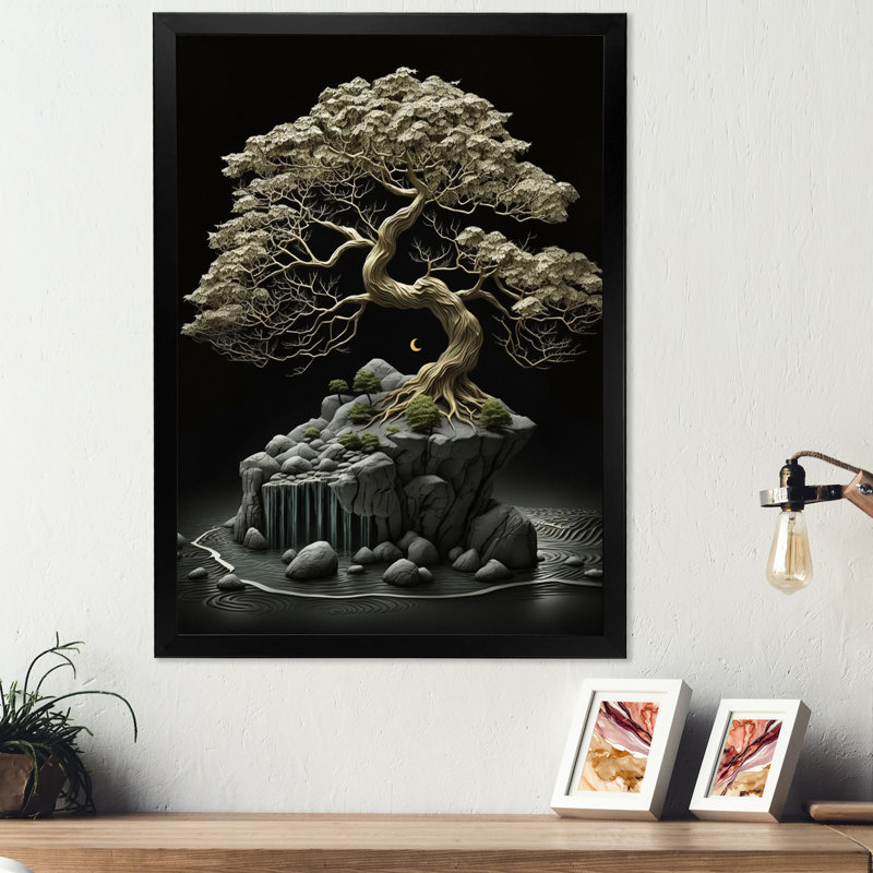 Bonsai Tree on Rocks I - Impression sur toile, Impression noire sur toile encadrée, H 20 po x l 12 po x P 1 po