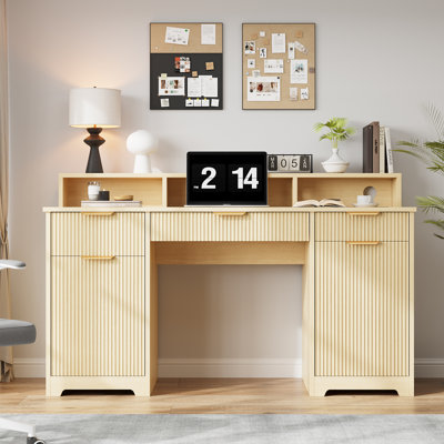 59" Home Office Desk With Charging Station, Fluted Computer Desk With Keyboard Tray & Adjustable Shelves, Executive Desk For Study, Living Room, Bedroom