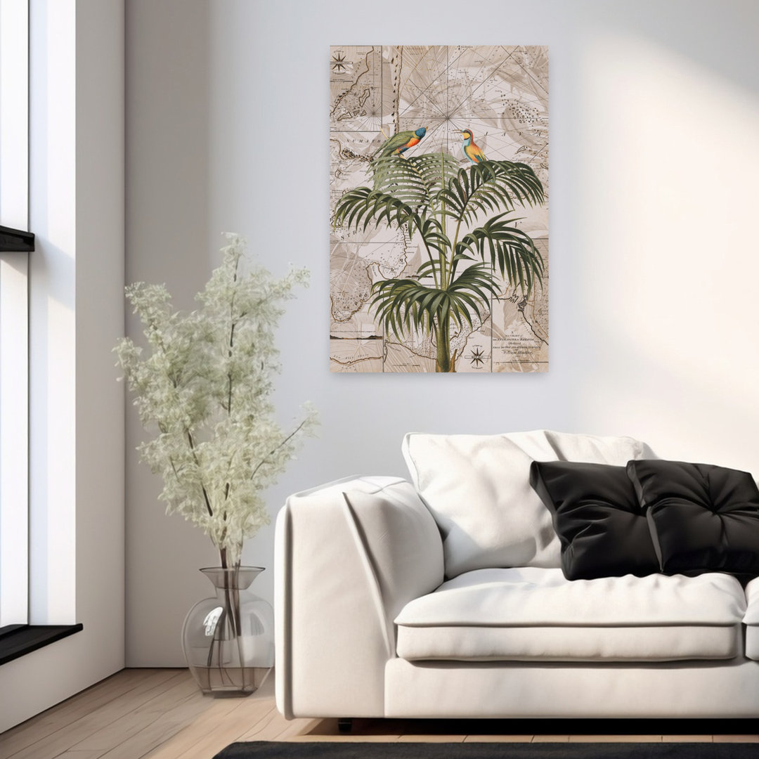 Contemporary Art Abstract Retro Vintage Palm Tree Bird Forest Landscape Art