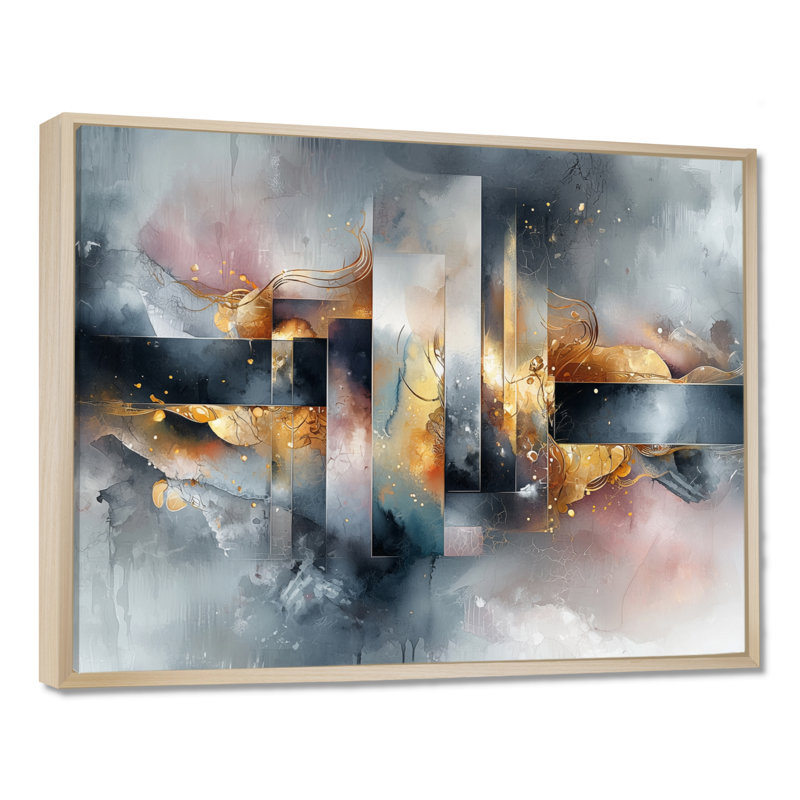 «Geometric Ink Pulse III - Constructivism», art mural, H 12 po x l 20 po, Cadre flottant, Crème, crème