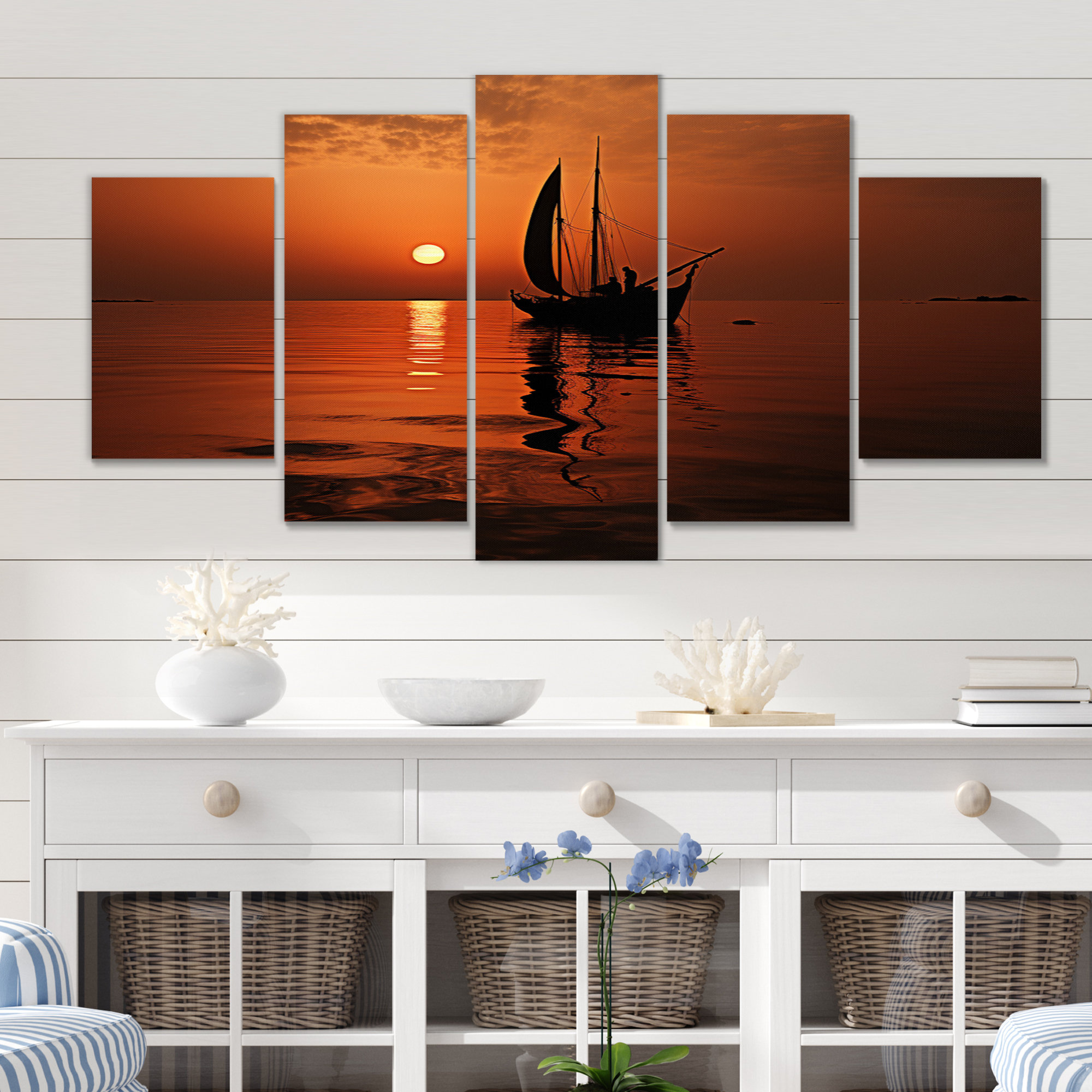 Art Mural Métal Bateau Soleil Voile - Sculpture Murale Nautique Minimaliste