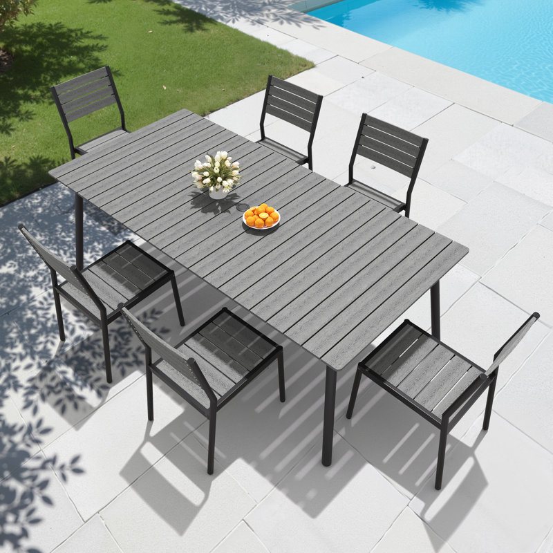 6-Person Aluminum Outdoor Dining Set With Umbrella Hole And Stackable Chairs, Gray