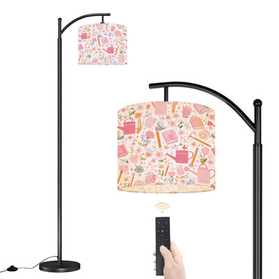 Arc Floor Lamp with Adjustable Lampshade Pastel Floral Gardening Books Watering Cans pink Standing Lamp 3 Color Temperatures Dimmable Tall Pole Lamp with Foot Switch for Bedroom