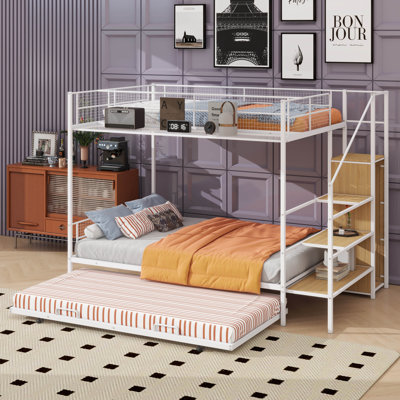 Lit superposé en métal avec lit gigogne, échelle de rangement latérale et garde-robe