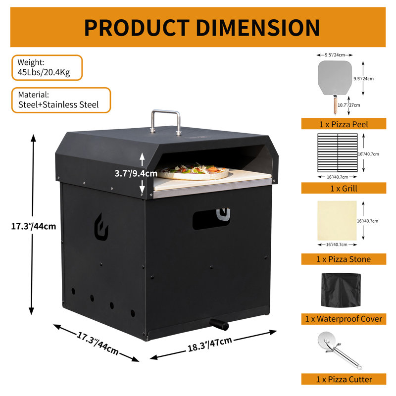 Paeten 4-In-1 Outdoor Wood & Pellet & Charcol Fired Pizza Oven, 46.5cm H x 44cm W x 52cm D