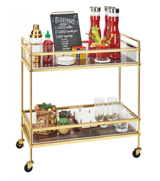 Chariot à boissons Mid-Century en laiton avec 2 tablettes en noyer, Laiton