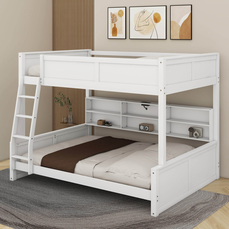 Lit double superposé au-dessus de grand lit double avec armoires et port USB, Blanc antique