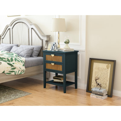 Table d'appoint à 2 tiroirs avec naturel - pour chambre à coucher, bureau. Table de bout en placage de bois massif, poignée en métal, stable et design 2. Poignée. . 22,19 po de profondeur, 15,9 po de largeur, 28 po de hauteur. Idéal salon, bureau