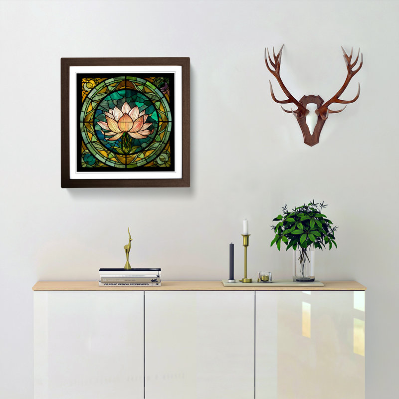Lotus Flower Stained Glass Effect - Framed Print, Walnut