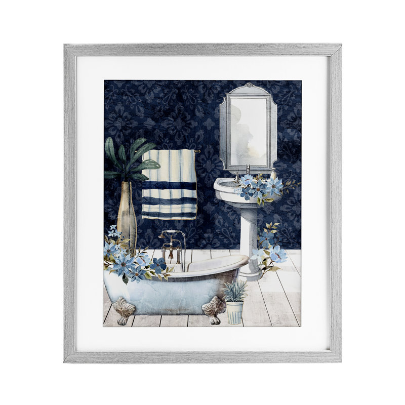 «Blue Bath Floral», reproduction encadrée sous verre, conception de Kim Allen, H 21 po x l 17 po, Cadre de ferme gris