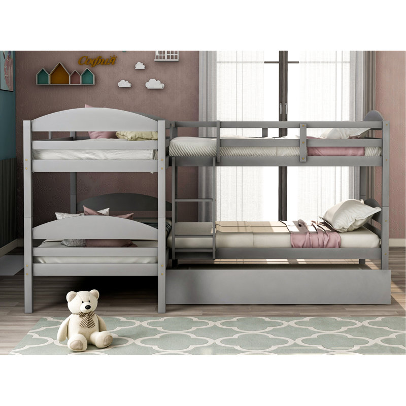 Lit simple superposé en forme de L avec lit gigogne gris - Fabrication en bois massif Solution polyvalente pour les familles