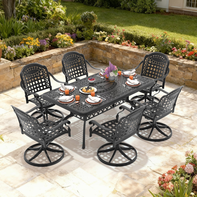 Ensemble de salle à manger rectangulaire de patio 7 pièces, 6 chaises pivotantes avec coussins bleus et trou pour parasol, 6 chaises pivotantes de 6 pouces de long