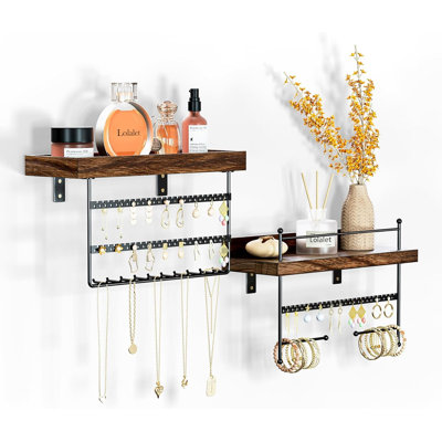 Hanging Jewelry Organizer Wall Mount With Earrings, Bracelets, Necklaces Hooks - Easy Install Free Combination Jewelry Holder For Wall Bathroom - Set Of 2, Brown