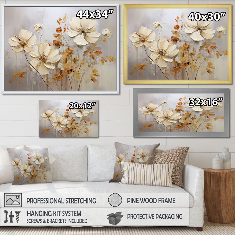 «Beige And Gold Seasonal Flowers Composition I», reproduction sur toile, H 24 po x l 32 po x P 1 po, Cadre naturel flottant