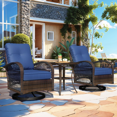 Outdoor Swivel Rocker Bistro Set - 3 Piece Wicker Patio Set With 2 Swivel Rocking Chairs, Cushions, And Tempered Glass Side Table, Perfect For Porch, Garden, Backyard, Poolside